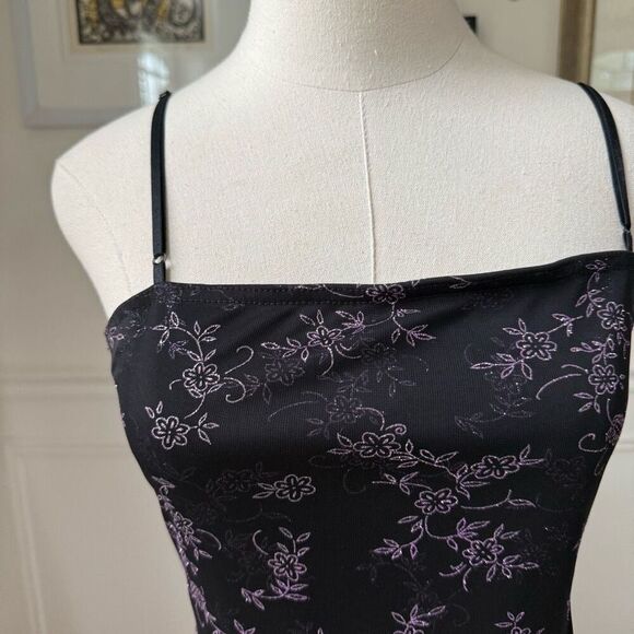 Vintage 90s Next Up Black Purple Glitter Flower Hi Lo Dress S - Picture 2 of 8